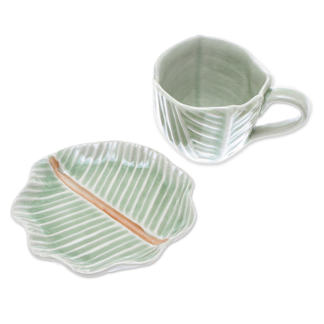 Leaf-Themed Celadon Ceramic Teacup and Saucer from Thailand - Tea Leaf