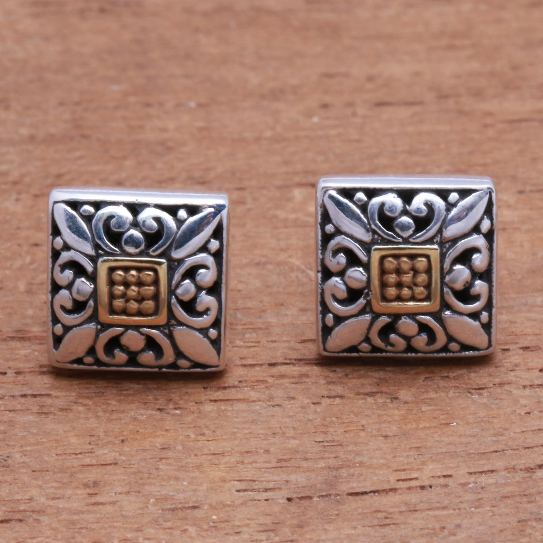 Square Gold Accented Sterling Silver Stud Earrings from Bali - Window Glam