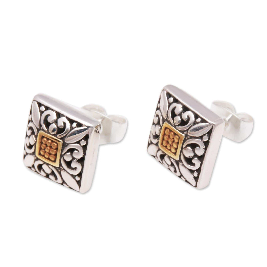 Square Gold Accented Sterling Silver Stud Earrings from Bali - Window Glam