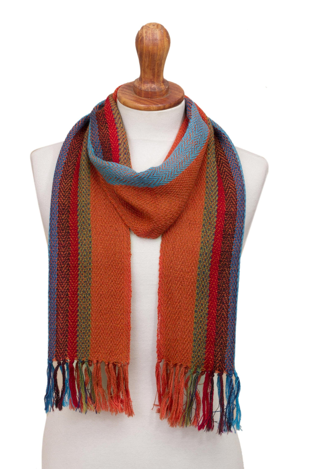 Scarlet and Multi-Color Stripe Handwoven 100% Alpaca Scarf - Sky Flame