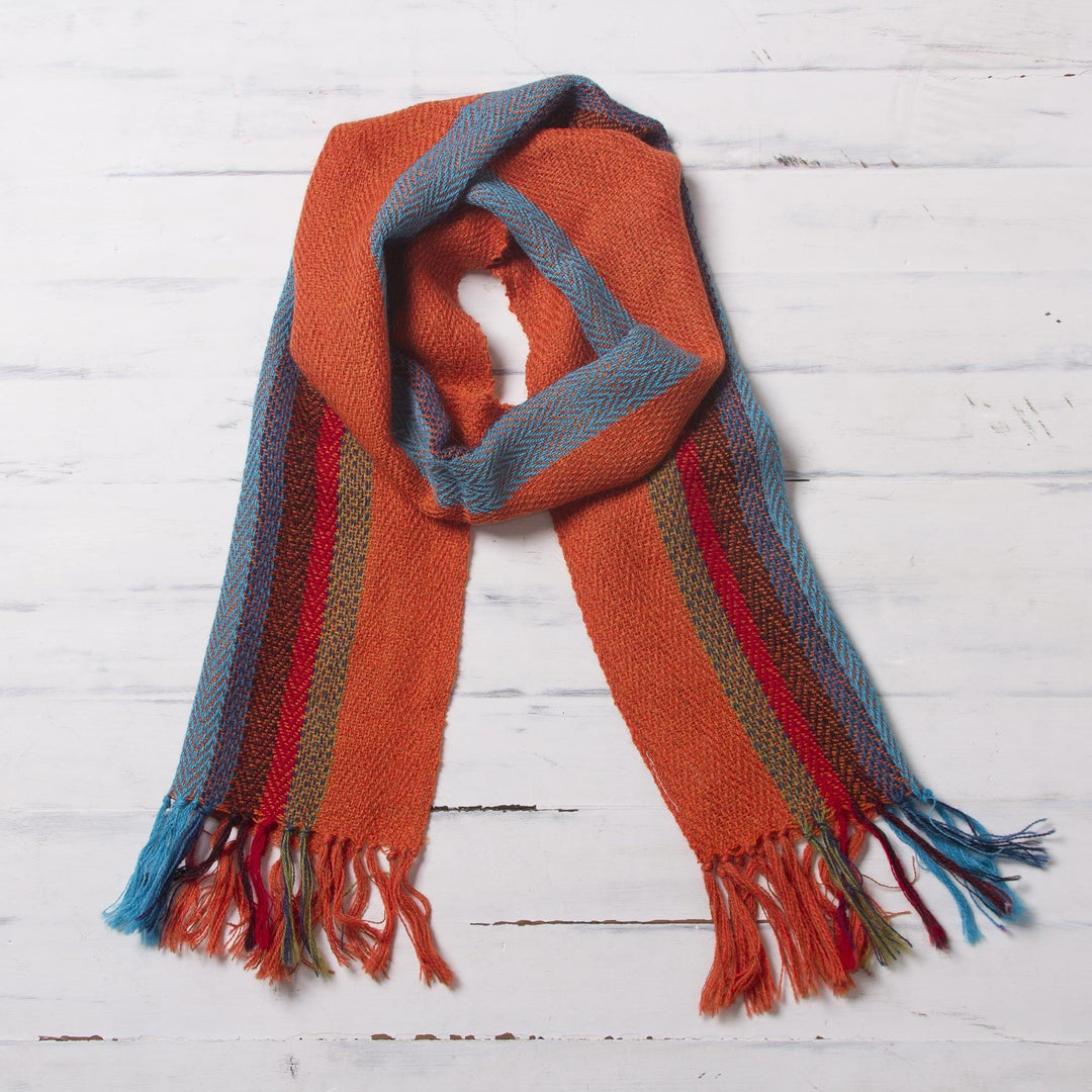 Scarlet and Multi-Color Stripe Handwoven 100% Alpaca Scarf - Sky Flame