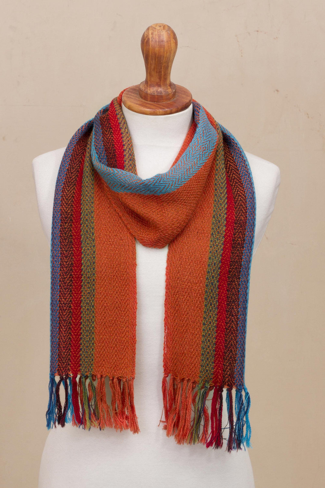 Scarlet and Multi-Color Stripe Handwoven 100% Alpaca Scarf - Sky Flame