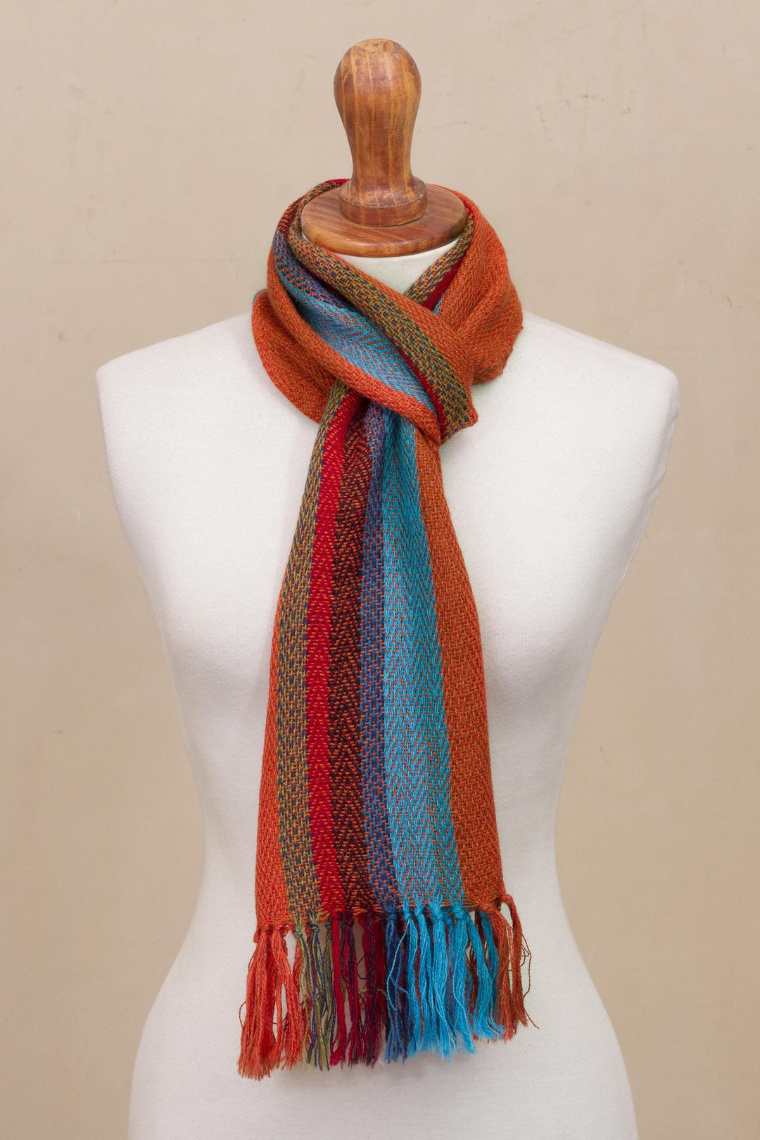 Scarlet and Multi-Color Stripe Handwoven 100% Alpaca Scarf - Sky Flame