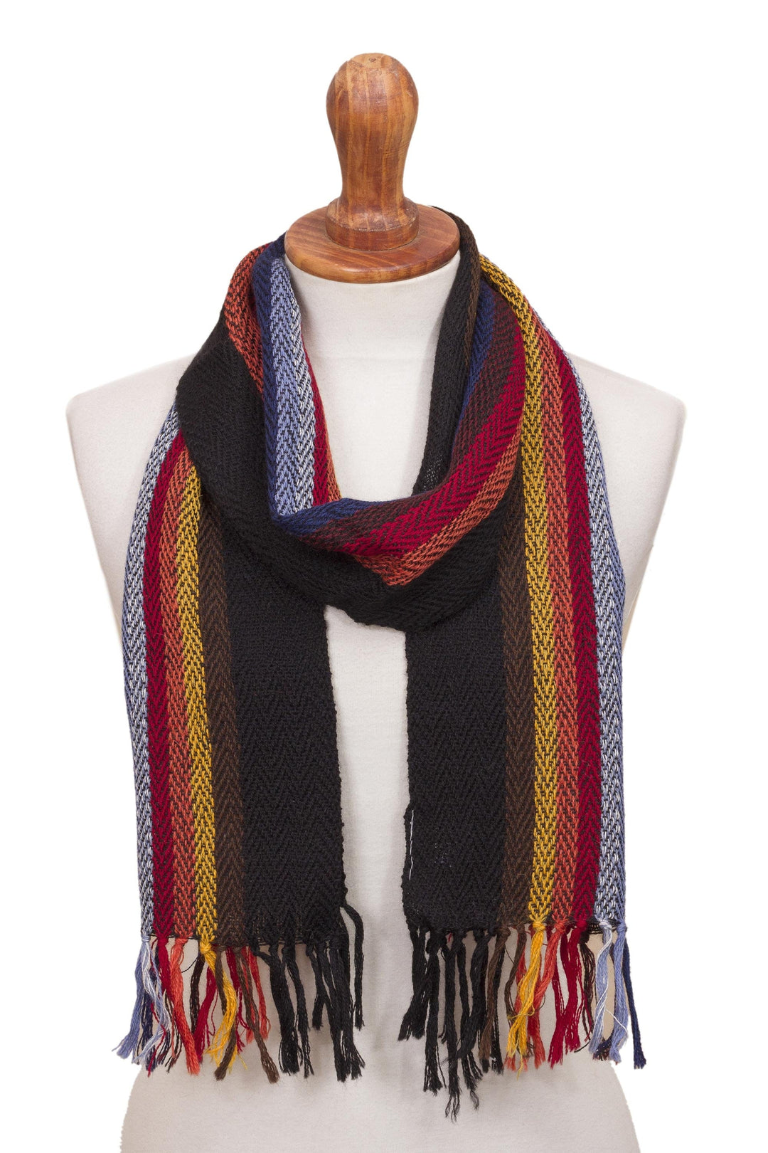 Black with Colorful Stripes Handwoven 100% Alpaca Scarf - Mountain Evening