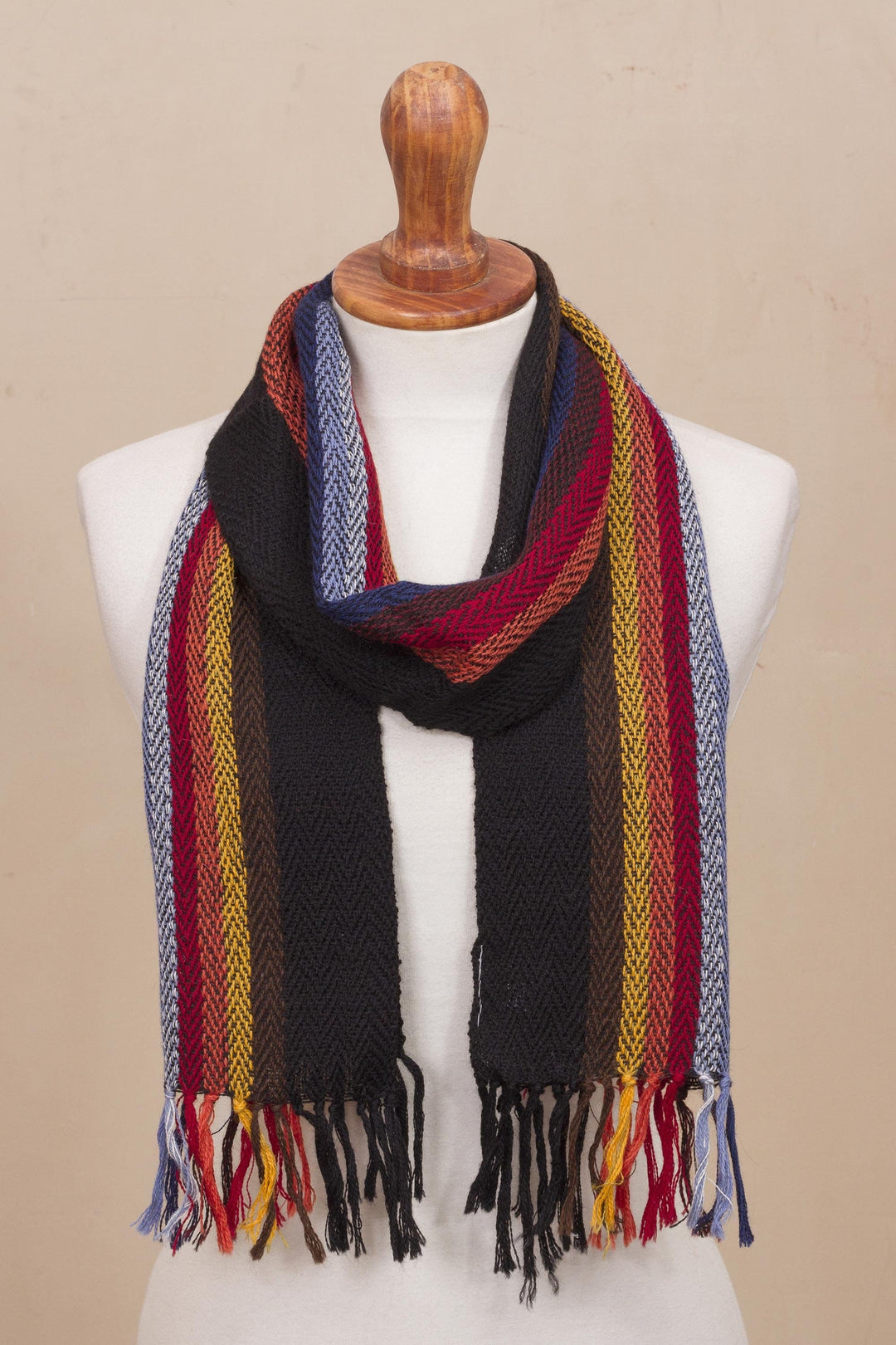 Black with Colorful Stripes Handwoven 100% Alpaca Scarf - Mountain Evening
