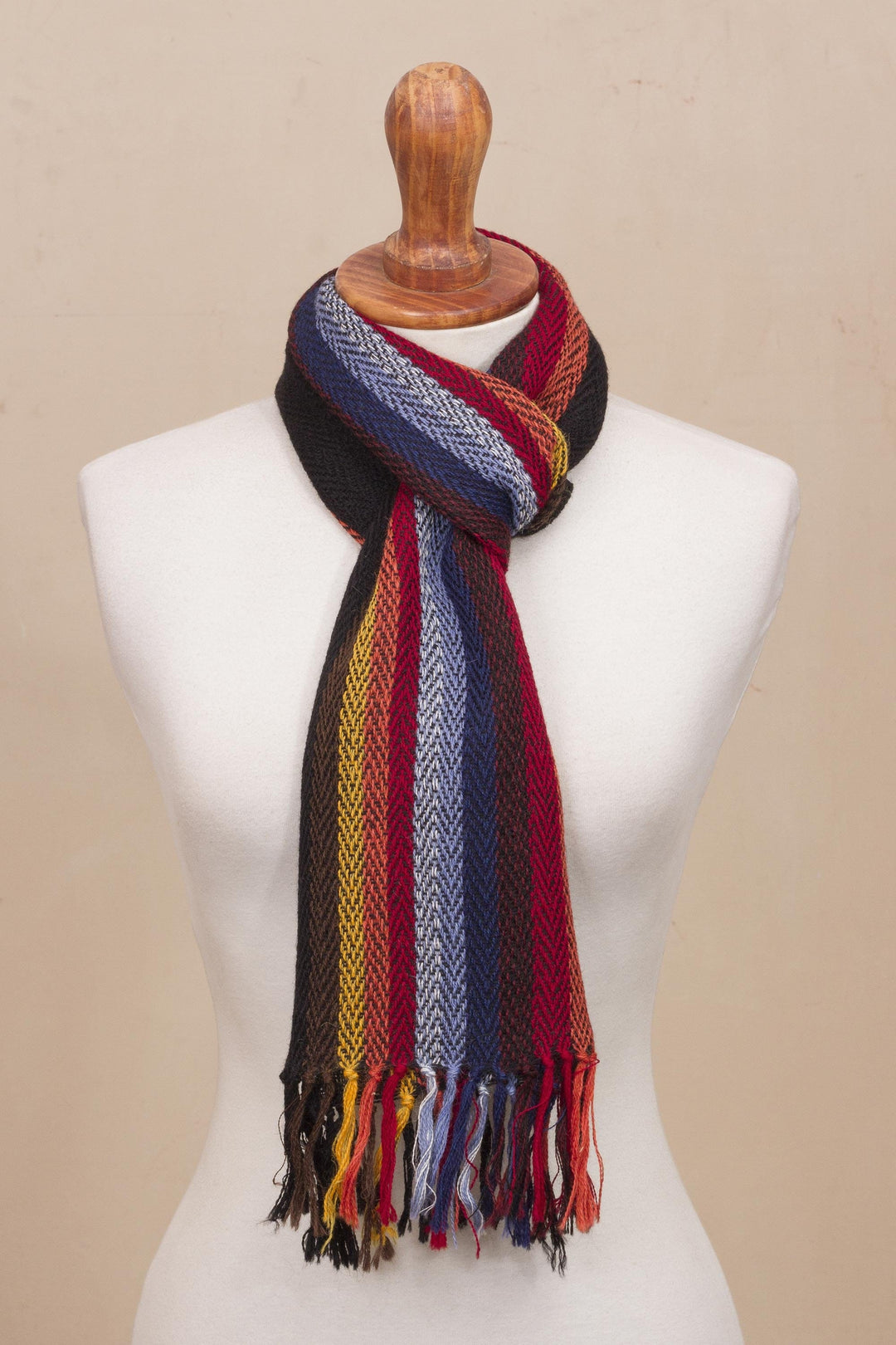 Black with Colorful Stripes Handwoven 100% Alpaca Scarf - Mountain Evening