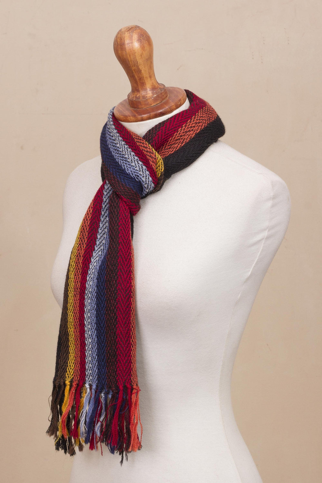 Black with Colorful Stripes Handwoven 100% Alpaca Scarf - Mountain Evening