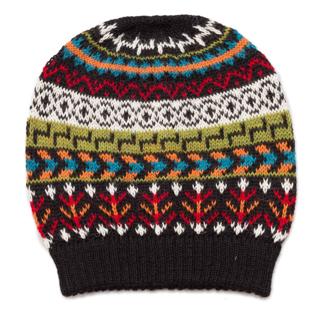 Multi-Color 100% Alpaca Knit Hat with Geometric Motifs - Motif Medley