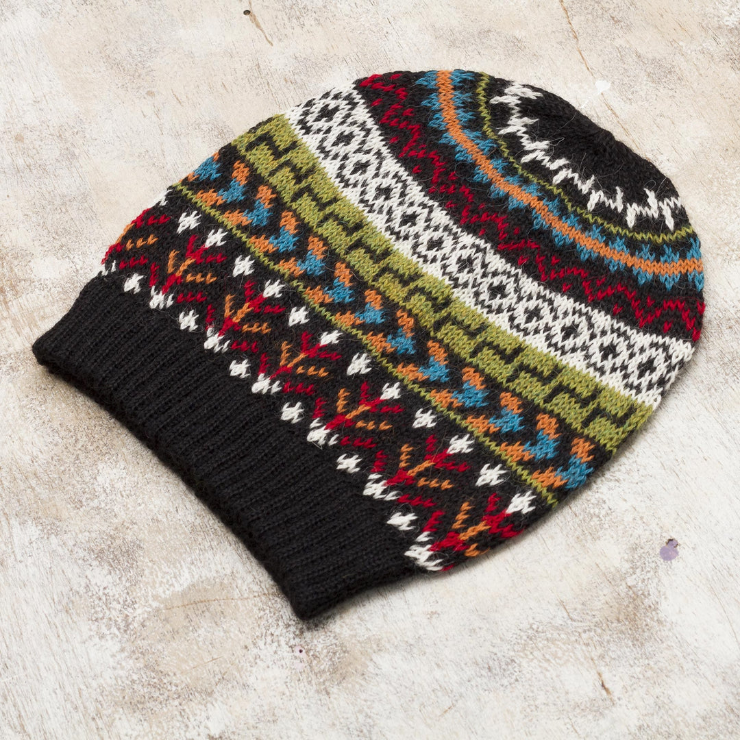 Multi-Color 100% Alpaca Knit Hat with Geometric Motifs - Motif Medley