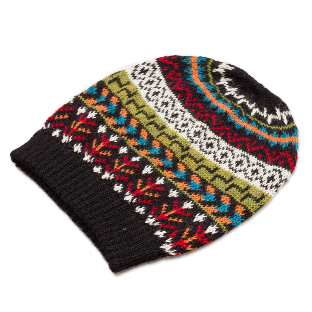 Multi-Color 100% Alpaca Knit Hat with Geometric Motifs - Motif Medley