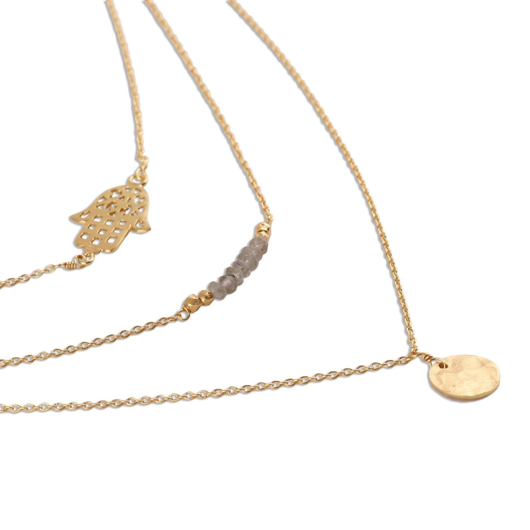 Gold Plated Labradorite Hamsa Pendant Necklace - Elegant Protection
