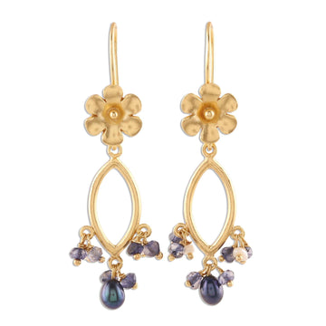 Floral Cultured Pearl and Iolite Dangle Earrings - Floral Glam