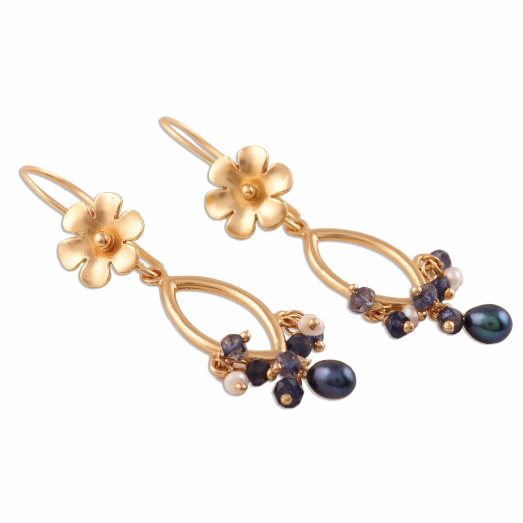Floral Cultured Pearl and Iolite Dangle Earrings - Floral Glam