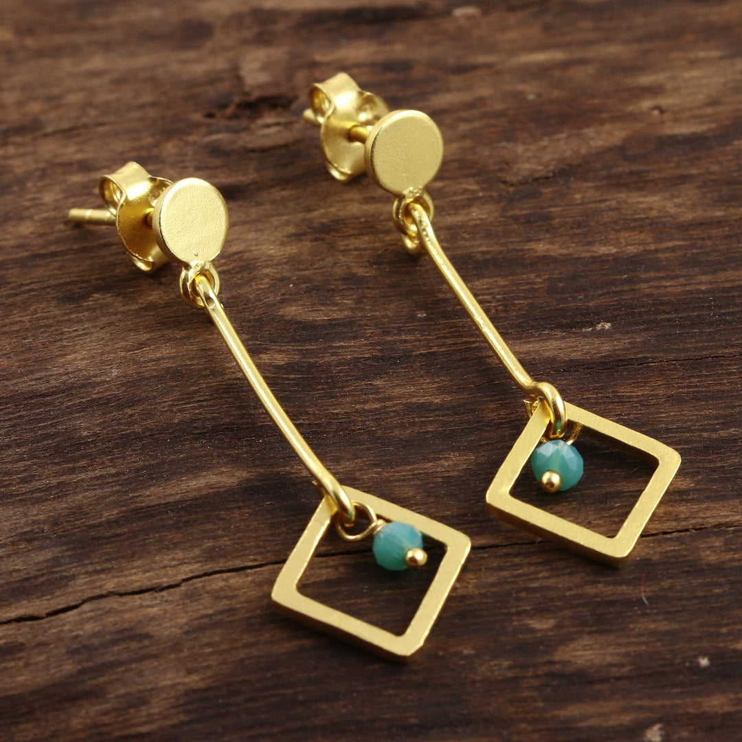 22k Gold Plated Chalcedony Dangle Earrings - Square Dazzle