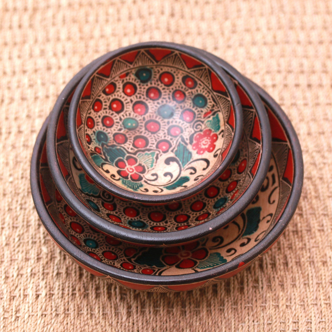 Floral Batik Wood Centerpieces from Java (Set of 3) - Cherry Decor