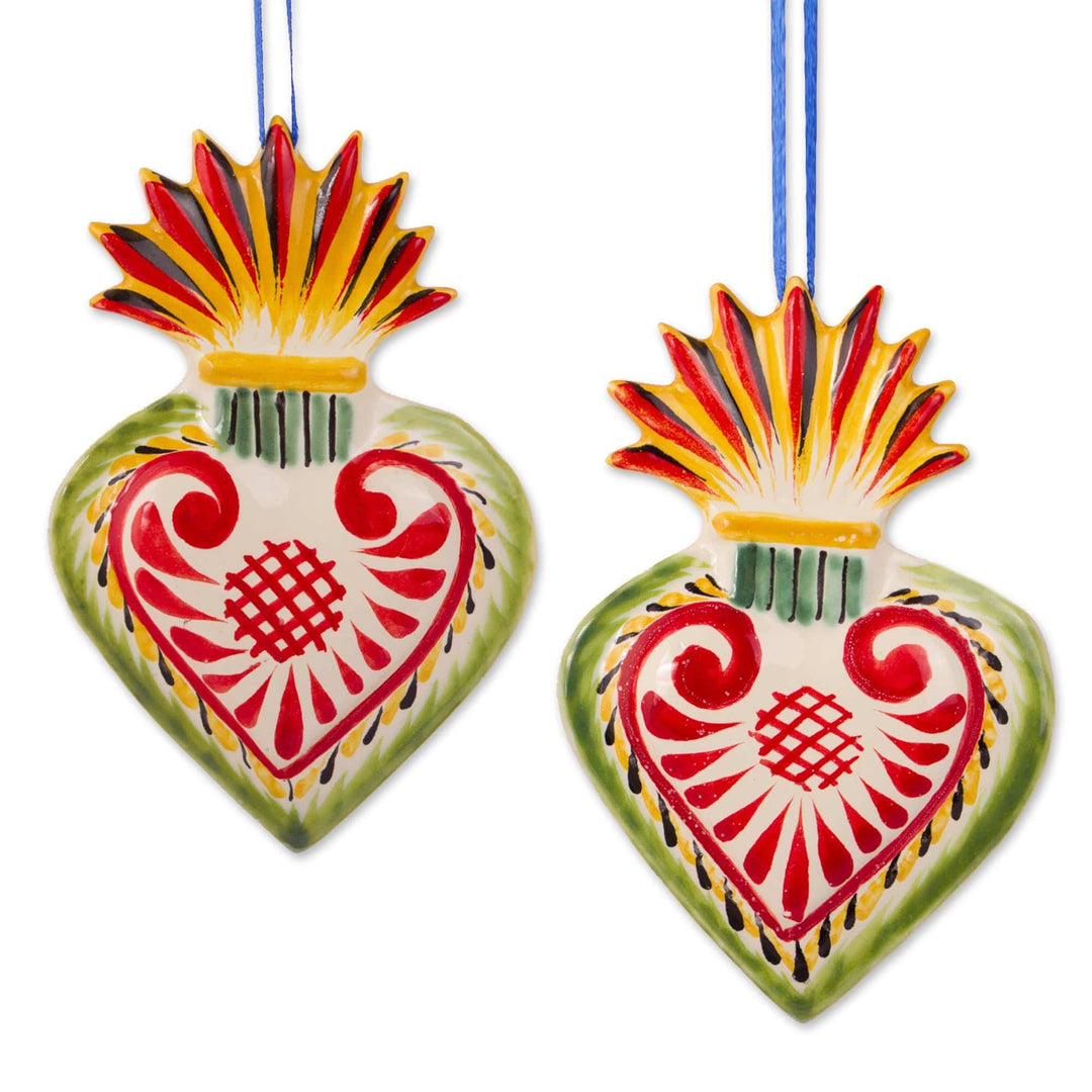 Flaming Heart Ceramic Ornaments from Mexico (Pair) - Flaming Hearts