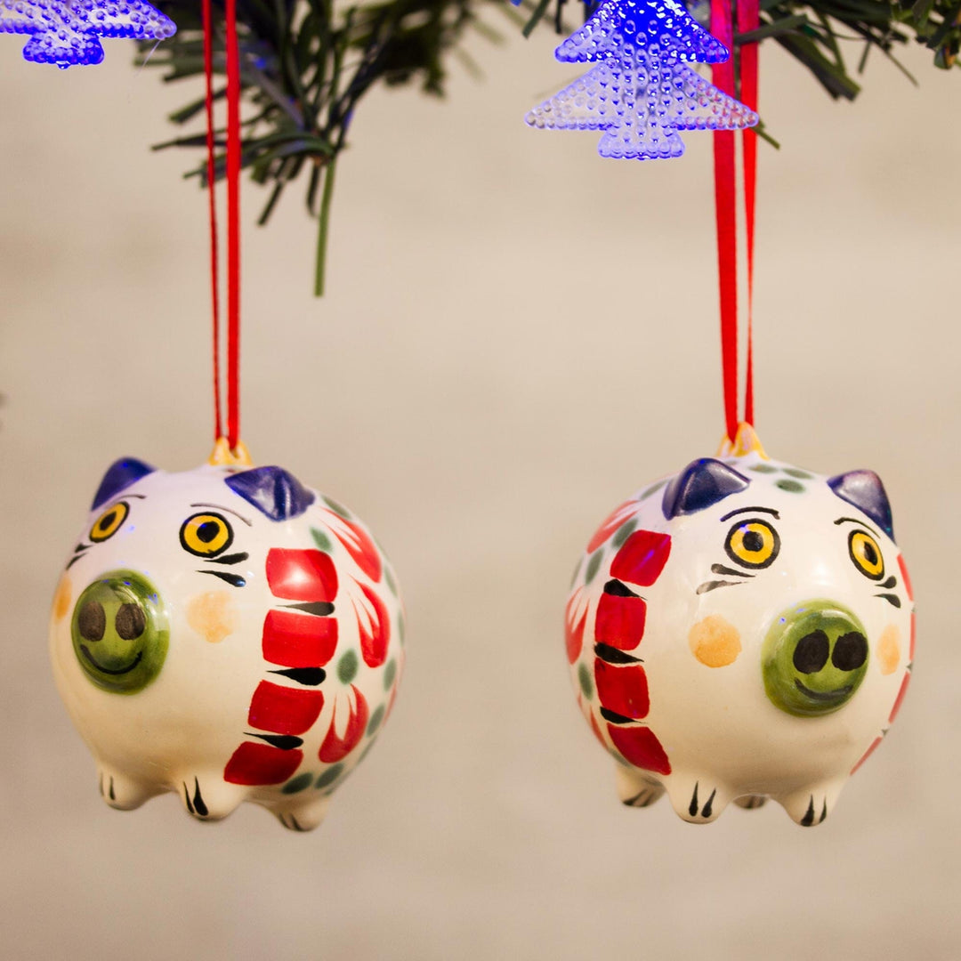 Hand-Painted Ceramic Pig Ornaments from Mexico (Pair) - Holiday Pigs