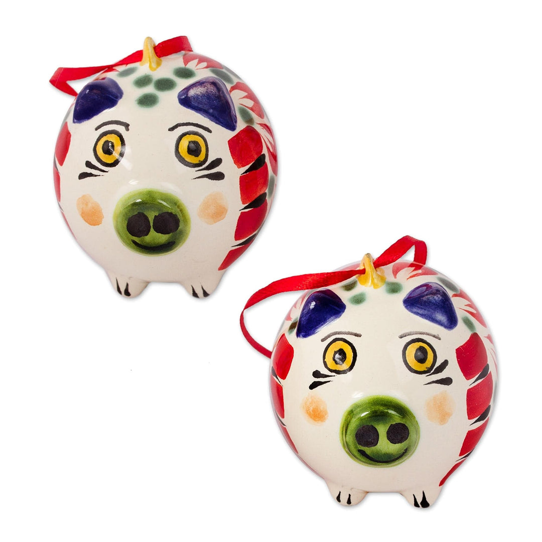 Hand-Painted Ceramic Pig Ornaments from Mexico (Pair) - Holiday Pigs