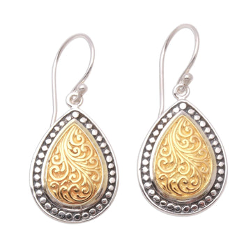 Swirl Pattern Gold Accented Sterling Silver Dangle Earrings - Droplet Frames