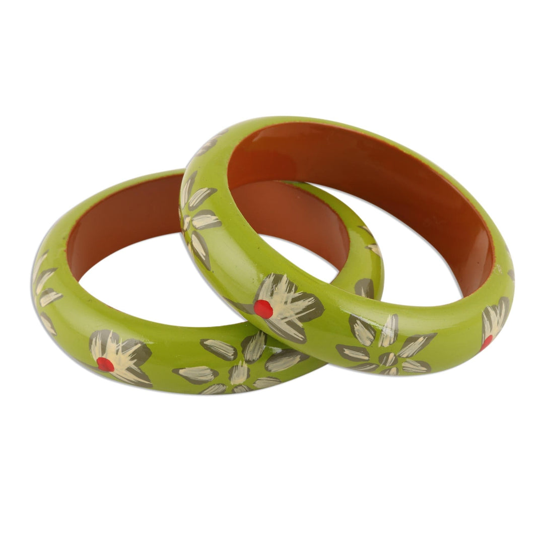 Floral Haldu Wood Bangle Bracelets in Lime (Pair) - Lime Bloom