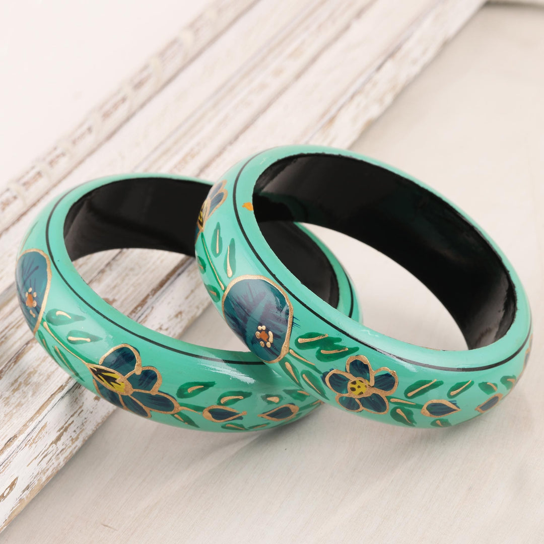 Floral Wood Bangle Bracelets in Viridian (Pair) - Floral Viridian
