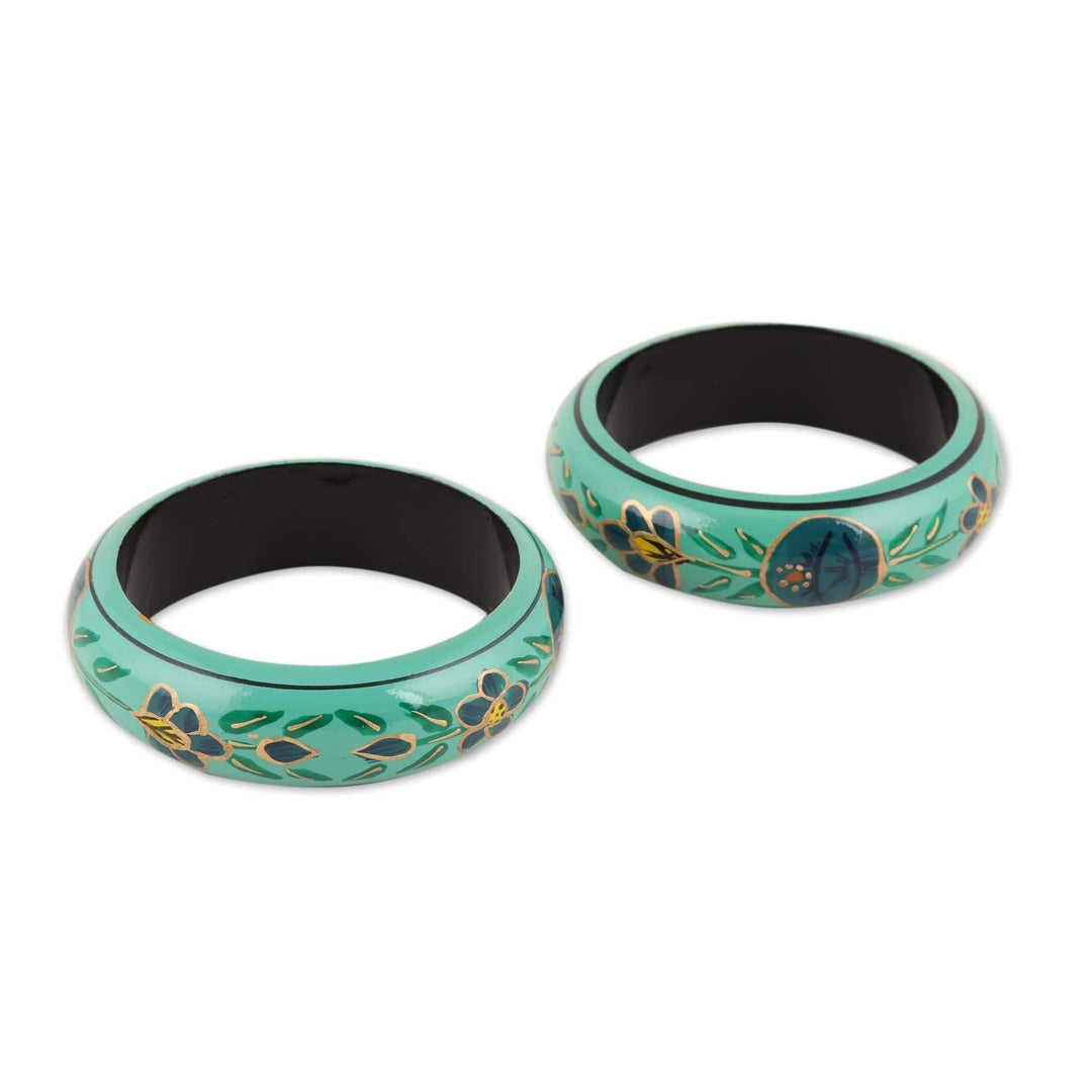 Floral Wood Bangle Bracelets in Viridian (Pair) - Floral Viridian