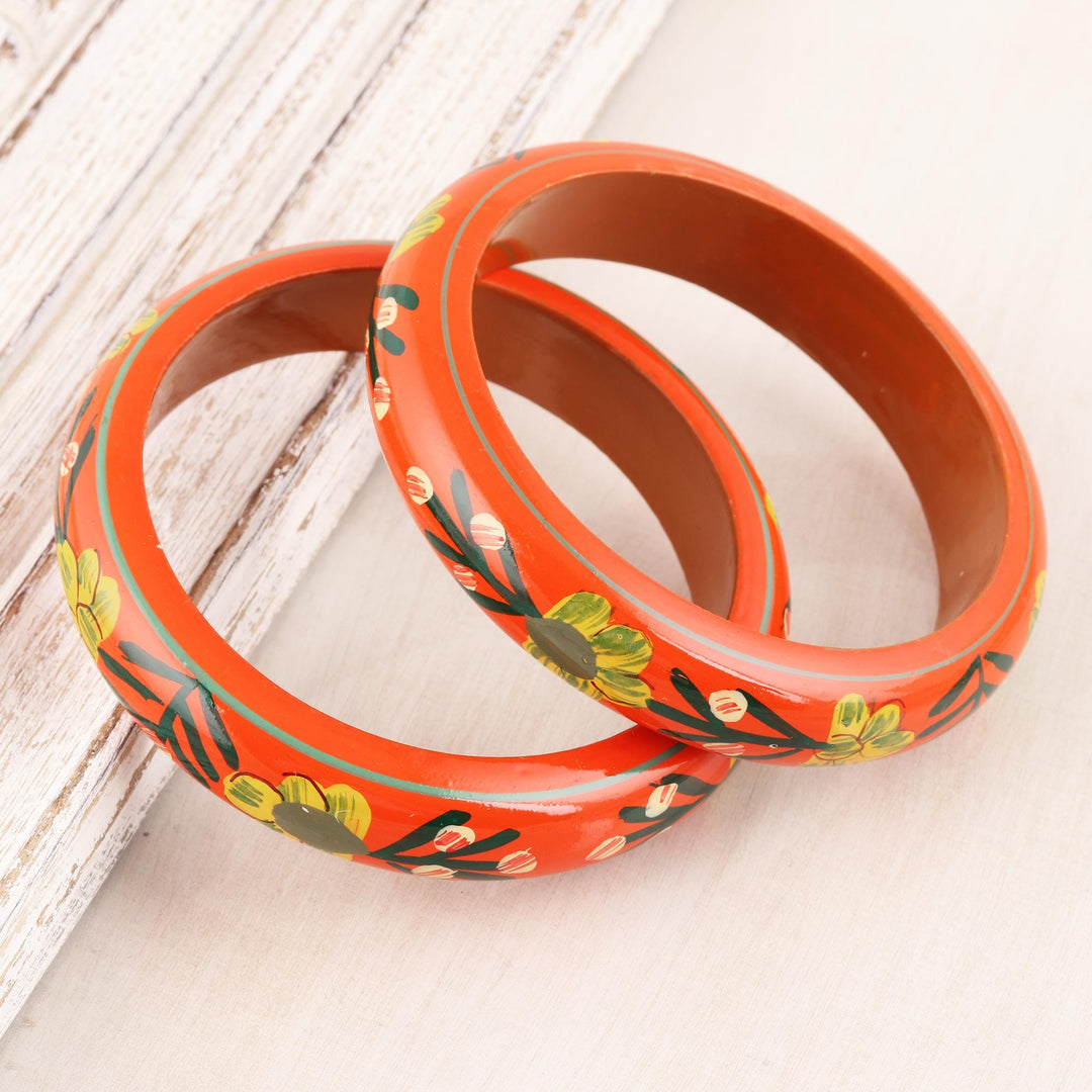 Floral Haldu Wood Bangle Bracelets in Vermilion (Pair) - Vermilion Garden