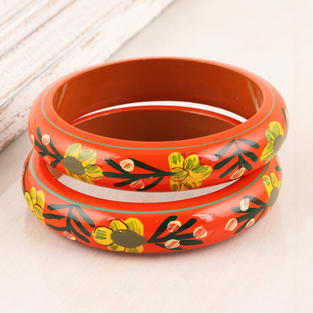 Floral Haldu Wood Bangle Bracelets in Vermilion (Pair) - Vermilion Garden
