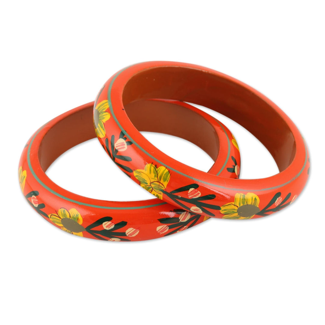 Floral Haldu Wood Bangle Bracelets in Vermilion (Pair) - Vermilion Garden
