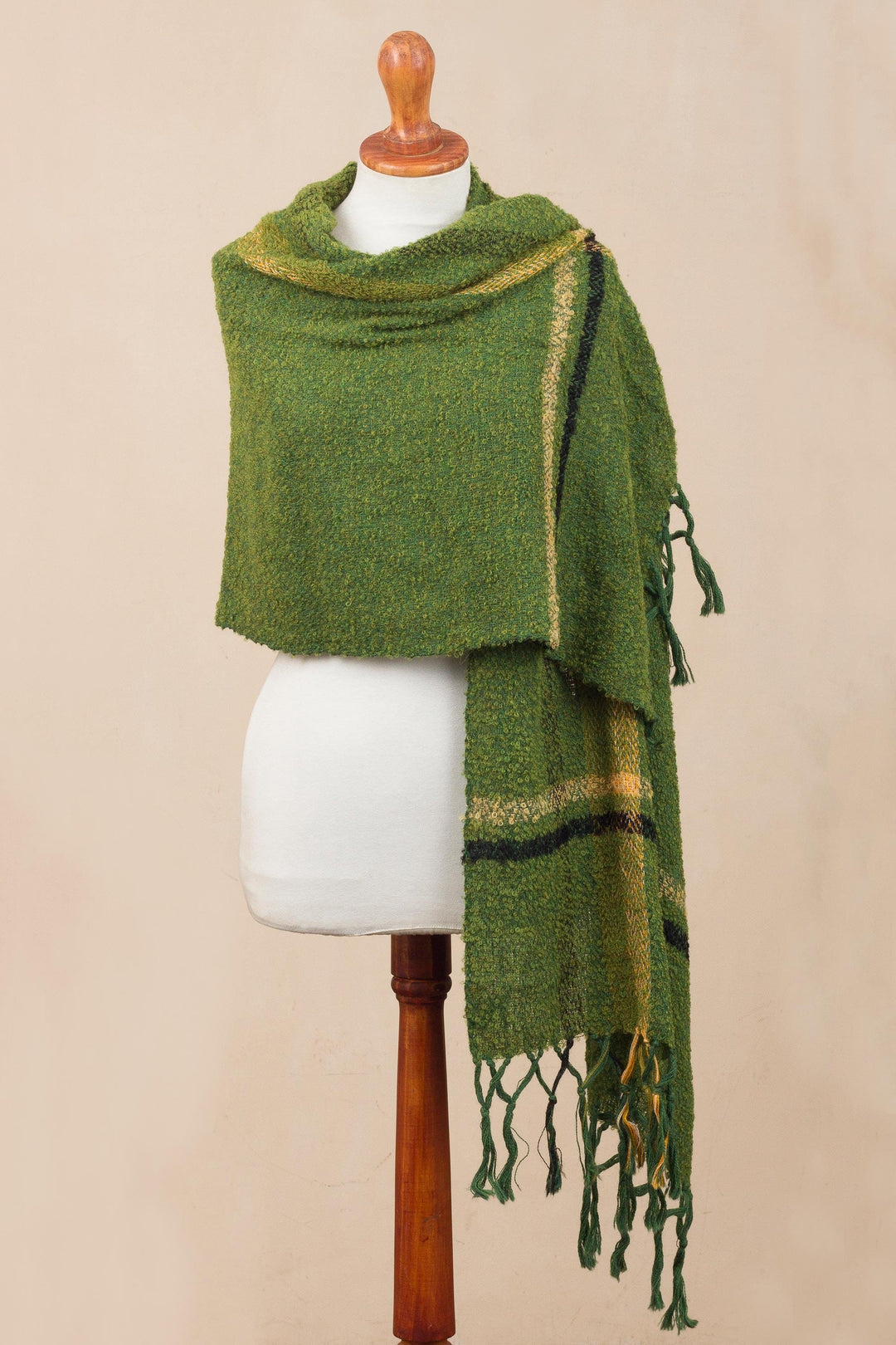 Handwoven Alpaca Blend Shawl in Moss Green from Peru - Moss Elegance