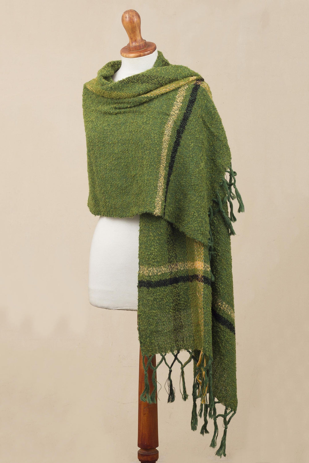 Handwoven Alpaca Blend Shawl in Moss Green from Peru - Moss Elegance