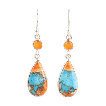 Carnelian and Composite Turquoise Dangle Earrings from India - Teardrop Glamour