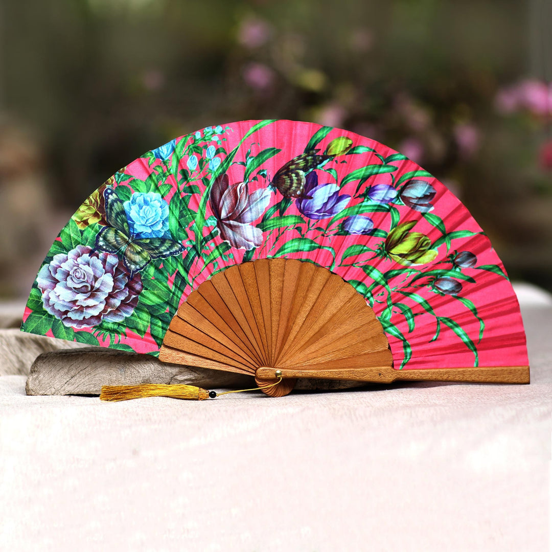 Floral Silk Hand Fan in Strawberry from Bali - Passionate Garden