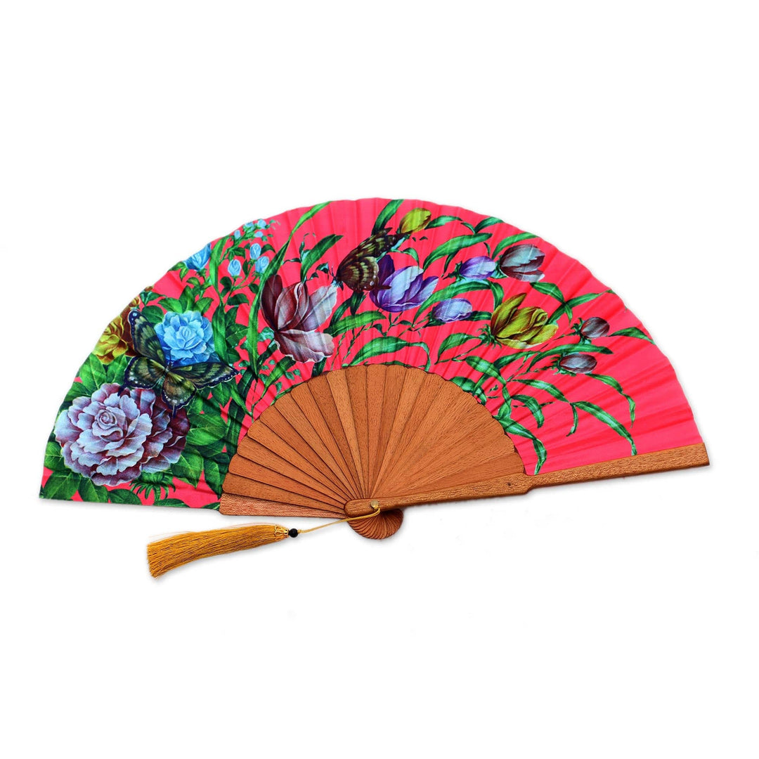 Floral Silk Hand Fan in Strawberry from Bali - Passionate Garden