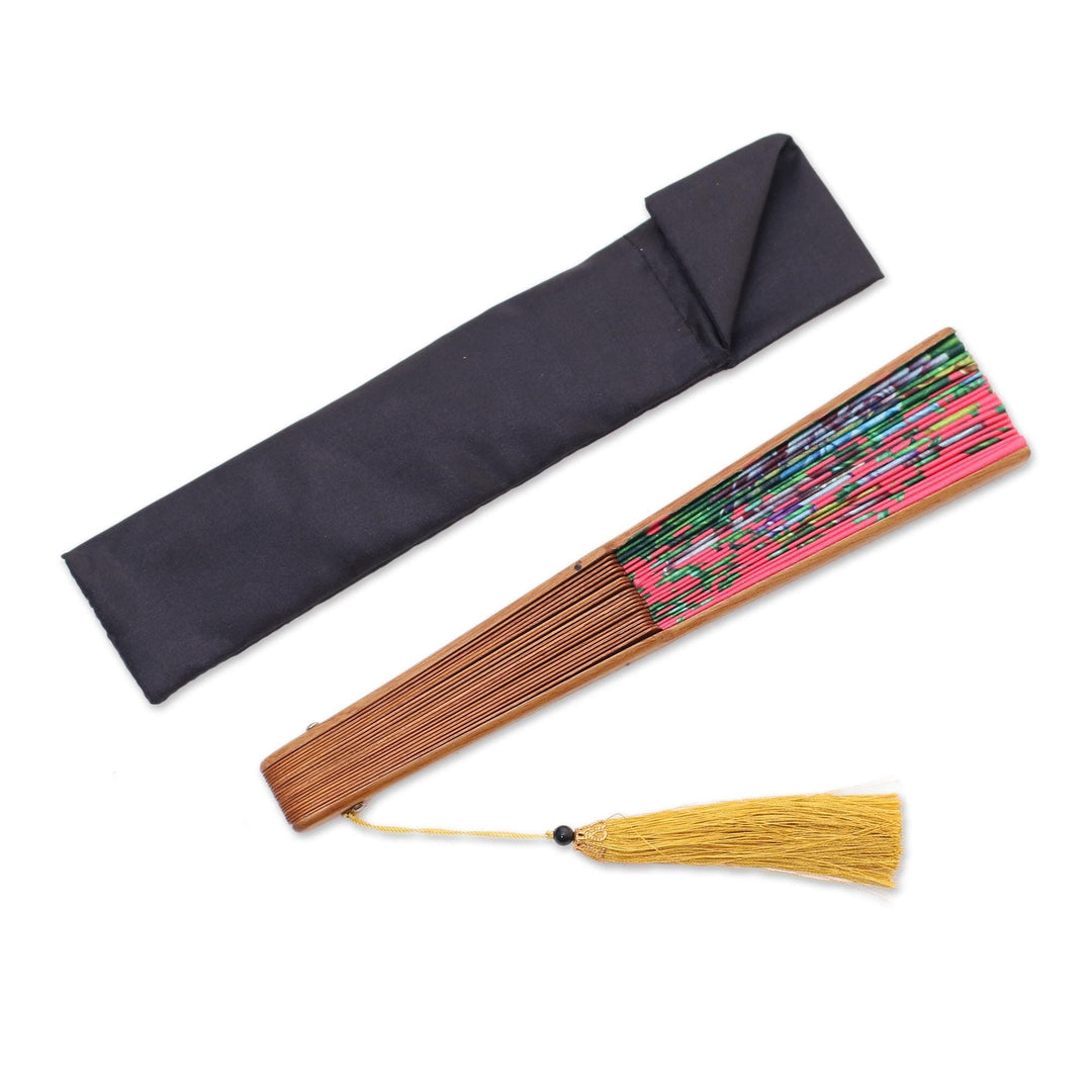 Floral Silk Hand Fan in Strawberry from Bali - Passionate Garden