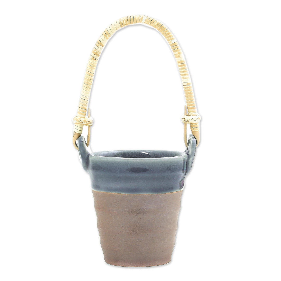 Celadon Ceramic and Natural Fiber Cup in Blue from Thailand - Picnic Mood in Blue