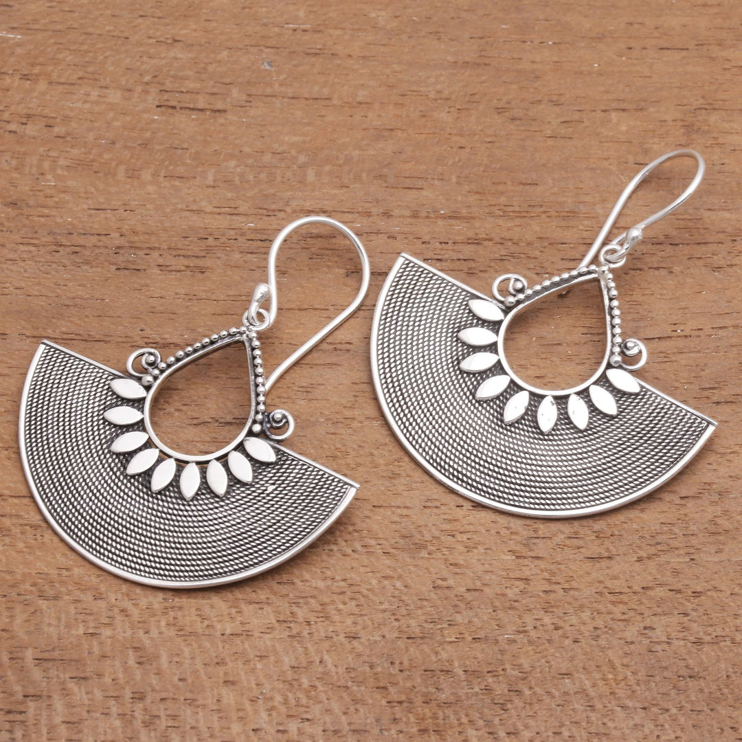 Ornate Fan Shaped Balinese Silver Dangle Earrings - Fan Dance
