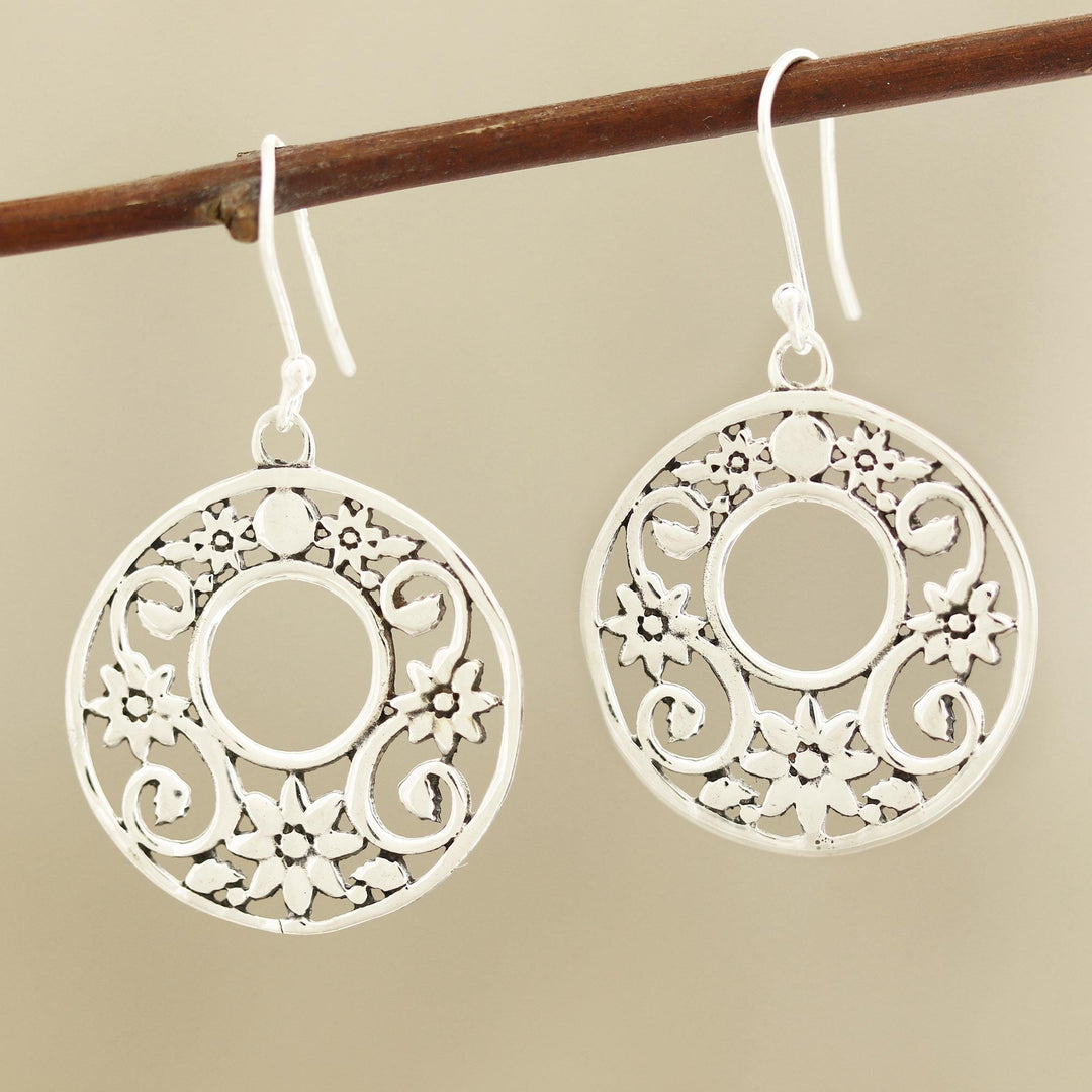 Circular Floral Sterling Silver Dangle Earrings - Floral Round