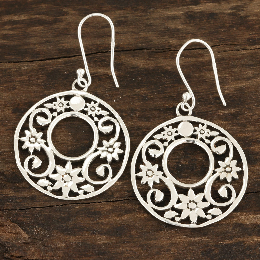 Circular Floral Sterling Silver Dangle Earrings - Floral Round