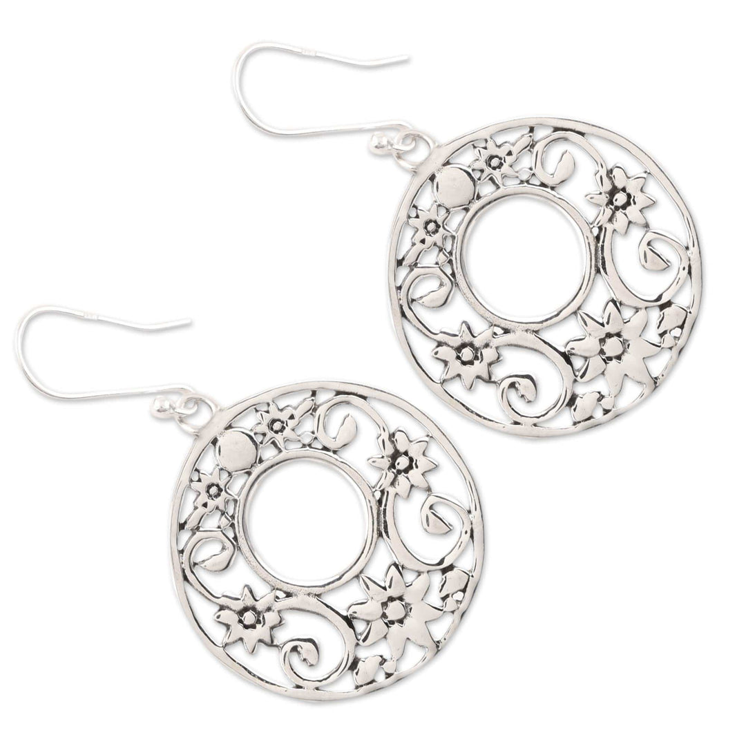 Circular Floral Sterling Silver Dangle Earrings - Floral Round