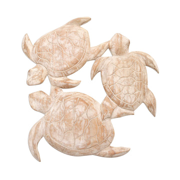 Whitewashed Wood Sea Turtle Relief Panel from Bali - Three Sea Turtles