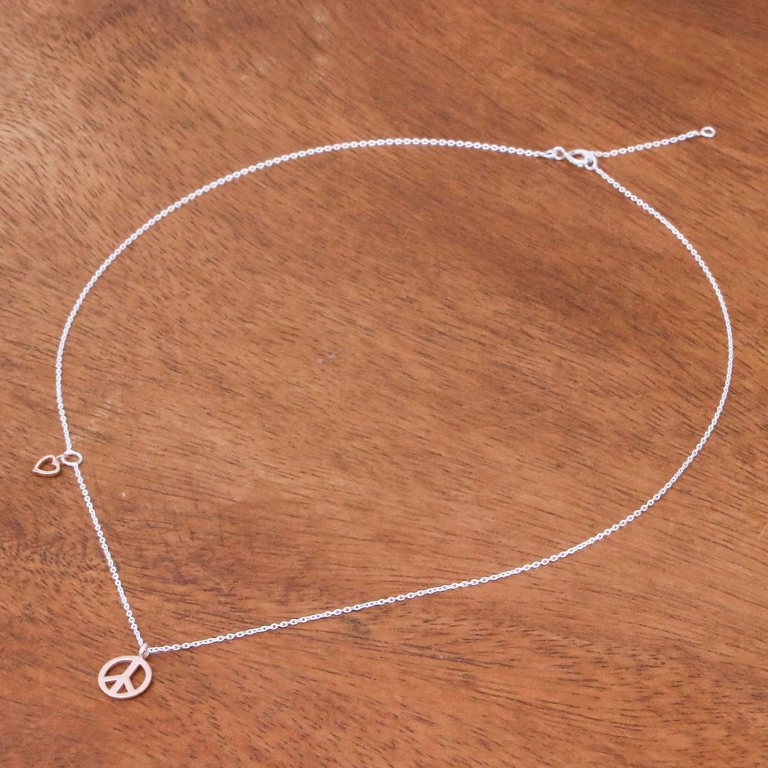 Rose Gold Accented Sterling Silver Peace Necklace - Heart for Peace