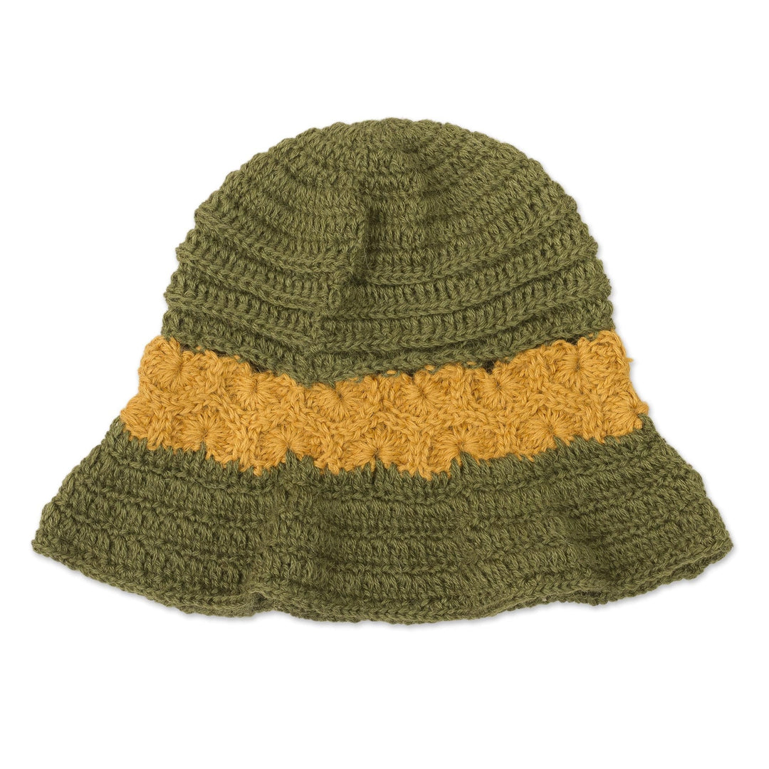 100% Alpaca Olive and Yellow Hand Crocheted Flared Brim Hat - Sunshine Field