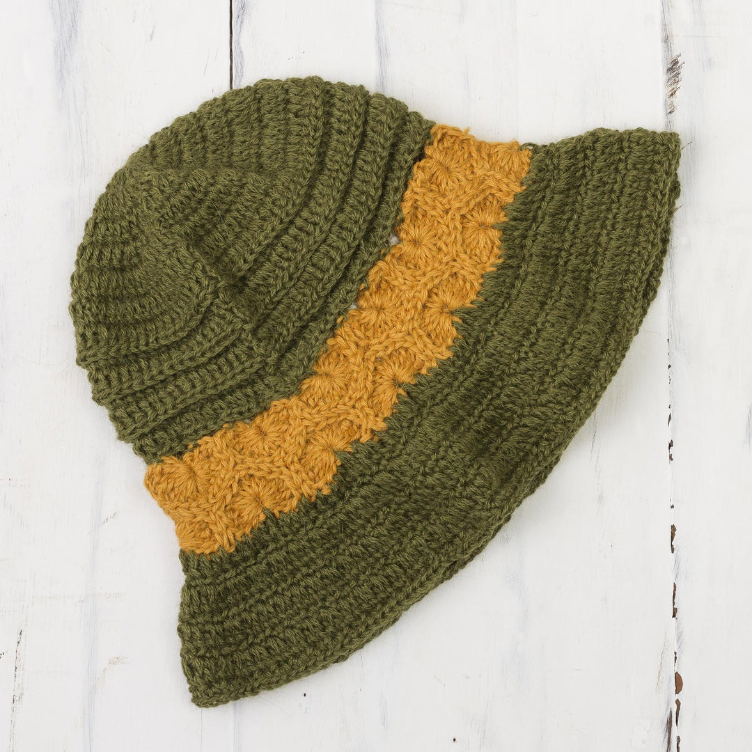 100% Alpaca Olive and Yellow Hand Crocheted Flared Brim Hat - Sunshine Field