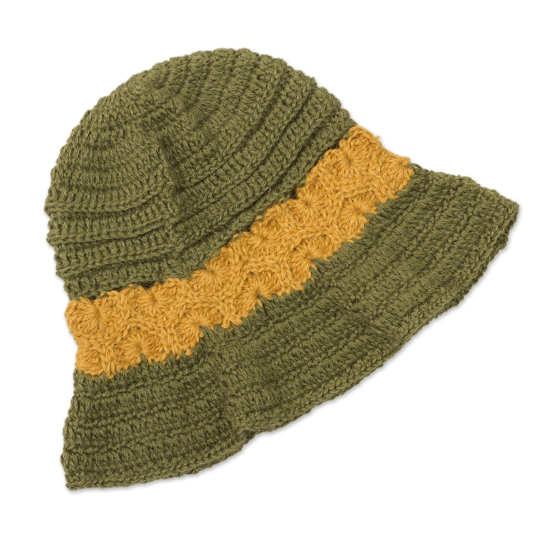 100% Alpaca Olive and Yellow Hand Crocheted Flared Brim Hat - Sunshine Field
