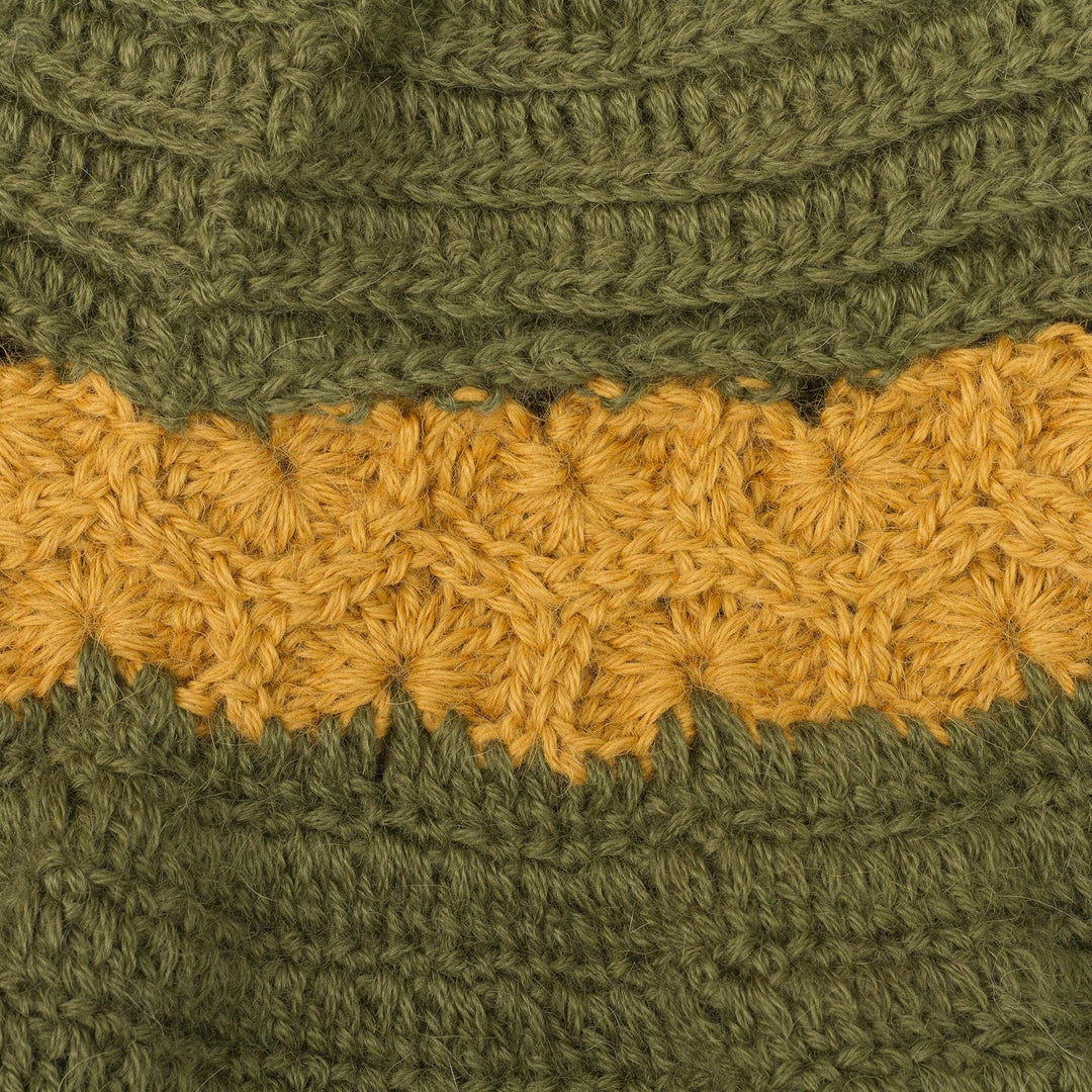 100% Alpaca Olive and Yellow Hand Crocheted Flared Brim Hat - Sunshine Field