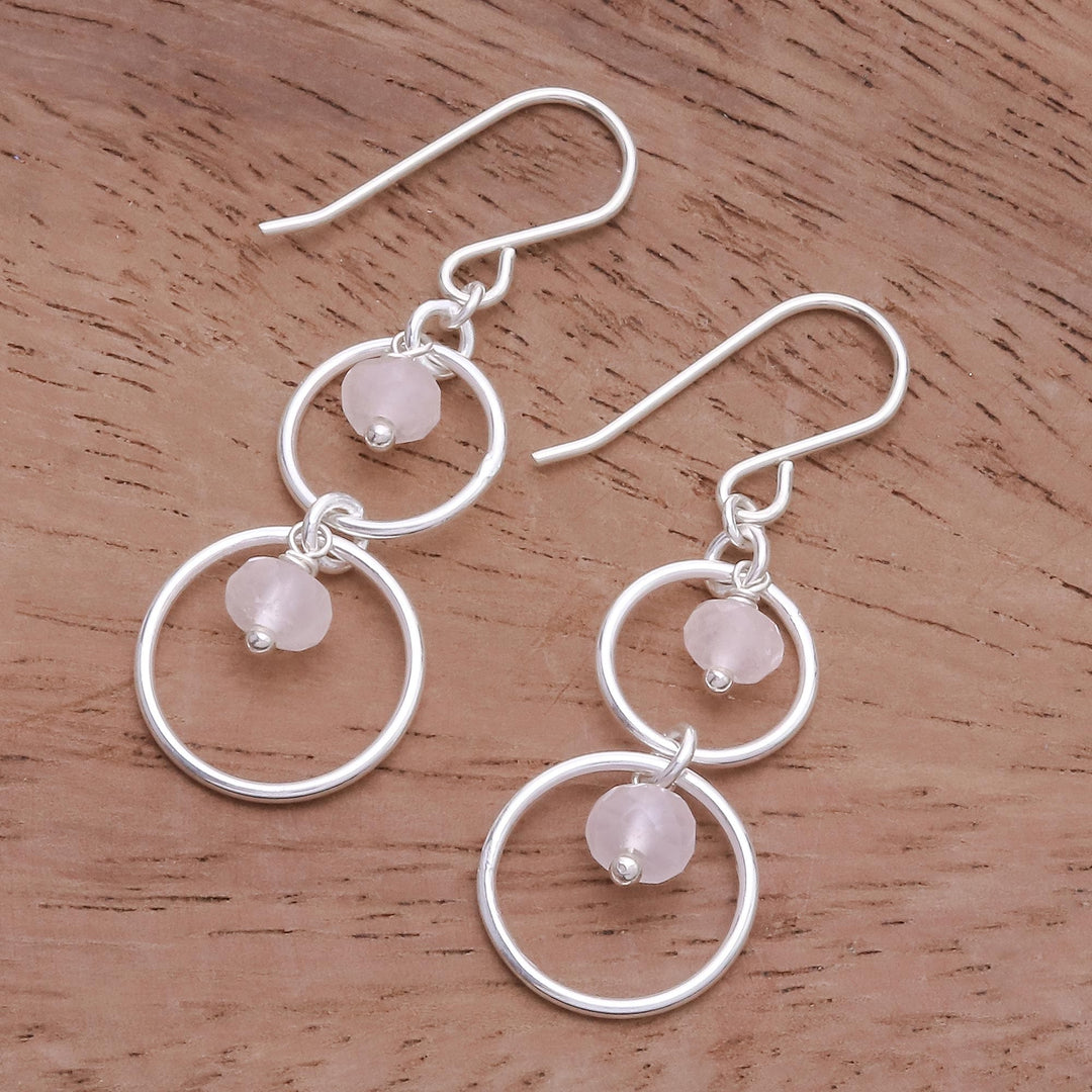 Natural Rose Quartz Dangle Earrings with Sterling Rings - Rosy Orbits
