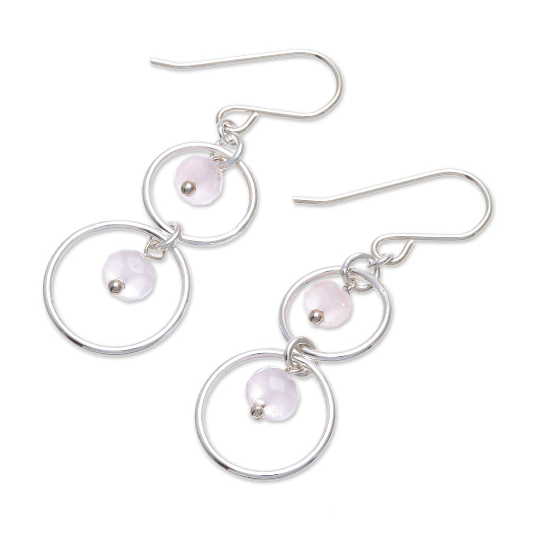 Natural Rose Quartz Dangle Earrings with Sterling Rings - Rosy Orbits