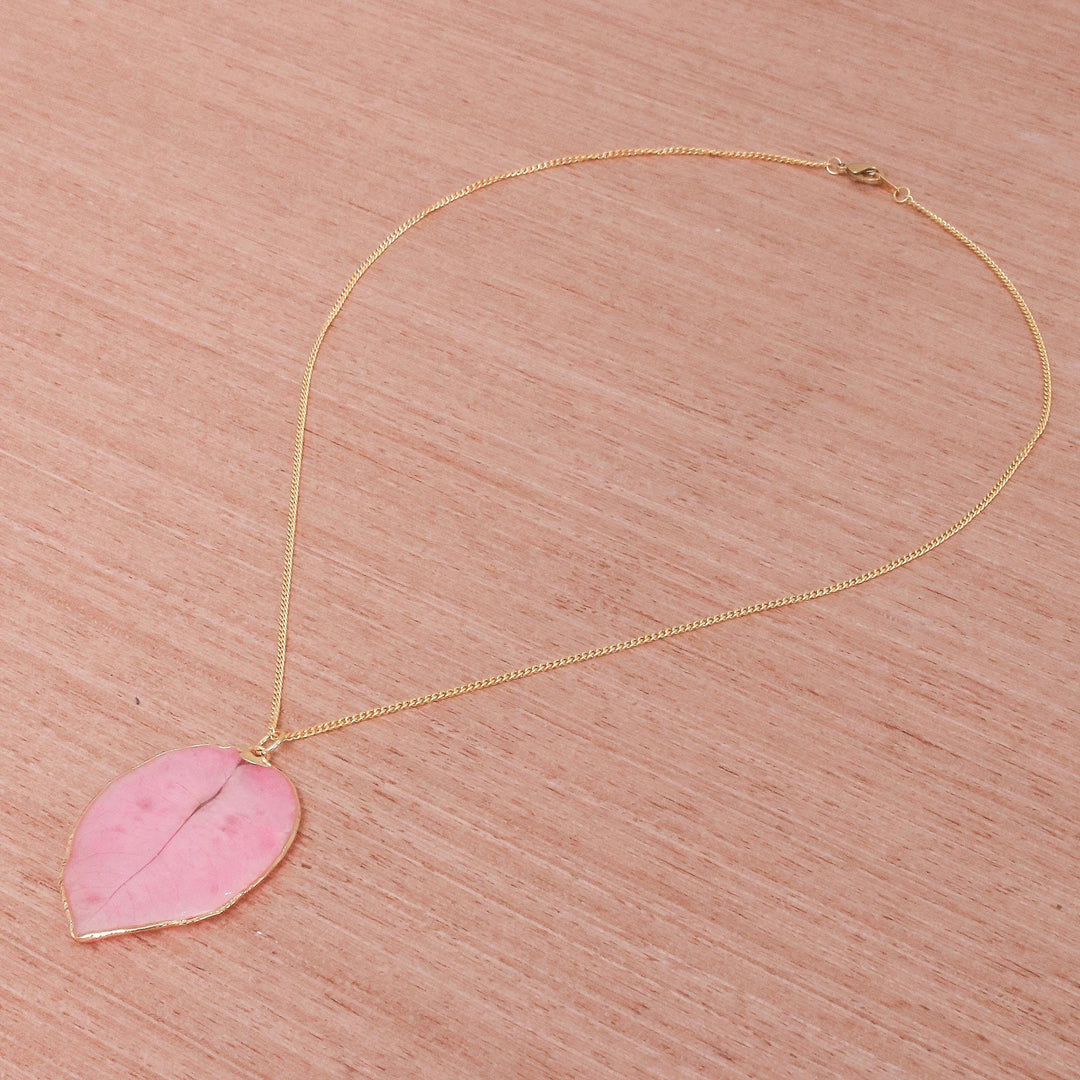 Gold Accented Natural Flower Pendant Necklace in Pink - Bougainvillea Love in Pink