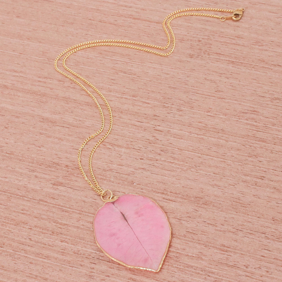 Gold Accented Natural Flower Pendant Necklace in Pink - Bougainvillea Love in Pink